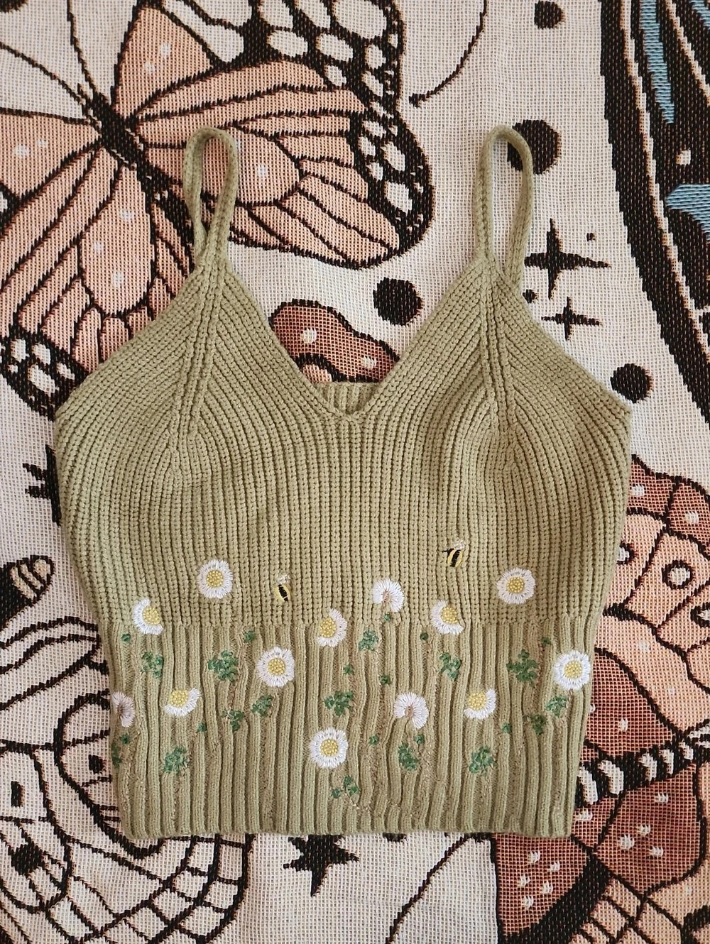 Green Floral Embroidered Bee Crop Top – Size Medium